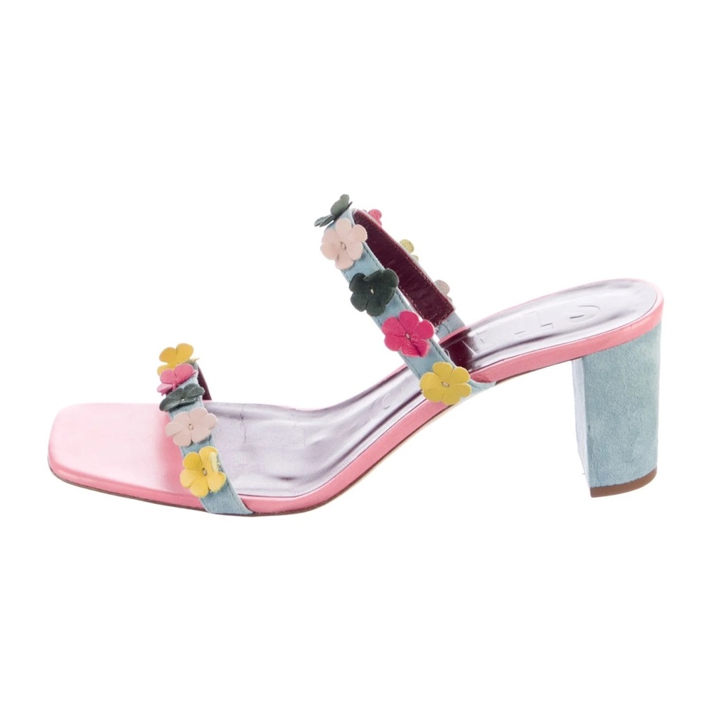 🤍 STAUD Suede Colorblock Flower Block Heeled Sandals - Picture 4 of 10